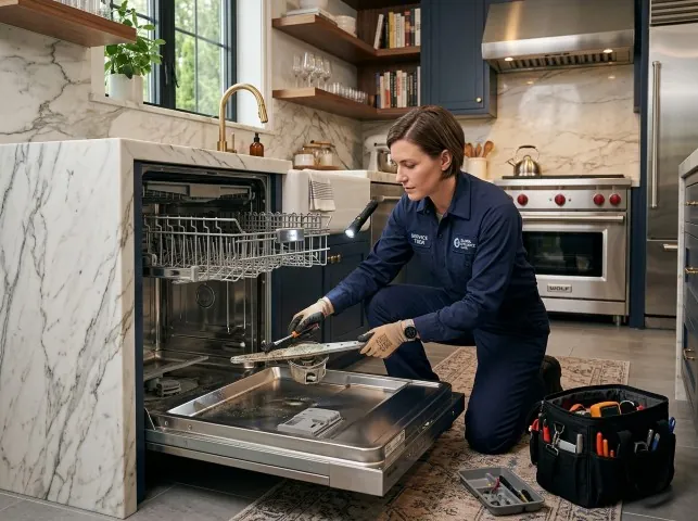 Appliance Repair Hero technician servicing a built-in dishwasher in a American Canyon, CA kitchen
