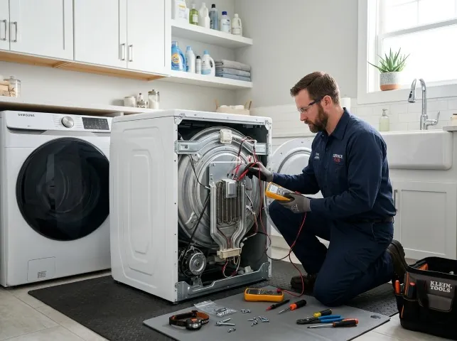 Appliance Repair Hero technician checking a dryer heating element with the rear panel off in American Canyon, CA