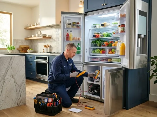 Appliance Repair Hero refrigerator technician testing a fridge on a American Canyon, CA service call