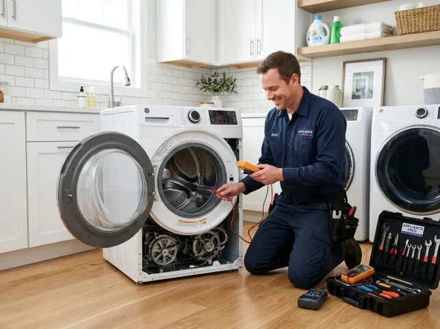 Appliance Repair Hero technician testing a front-load washer with a multimeter on a American Canyon, CA service call